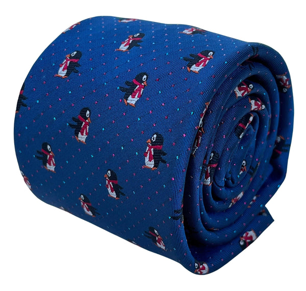 navy blue tie with festive fun penguin and glitter pin spots  design